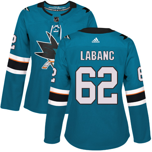 Adidas San Jose Sharks #62 Kevin Labanc Teal Home Authentic Women Stitched NHL Jersey->women nhl jersey->Women Jersey